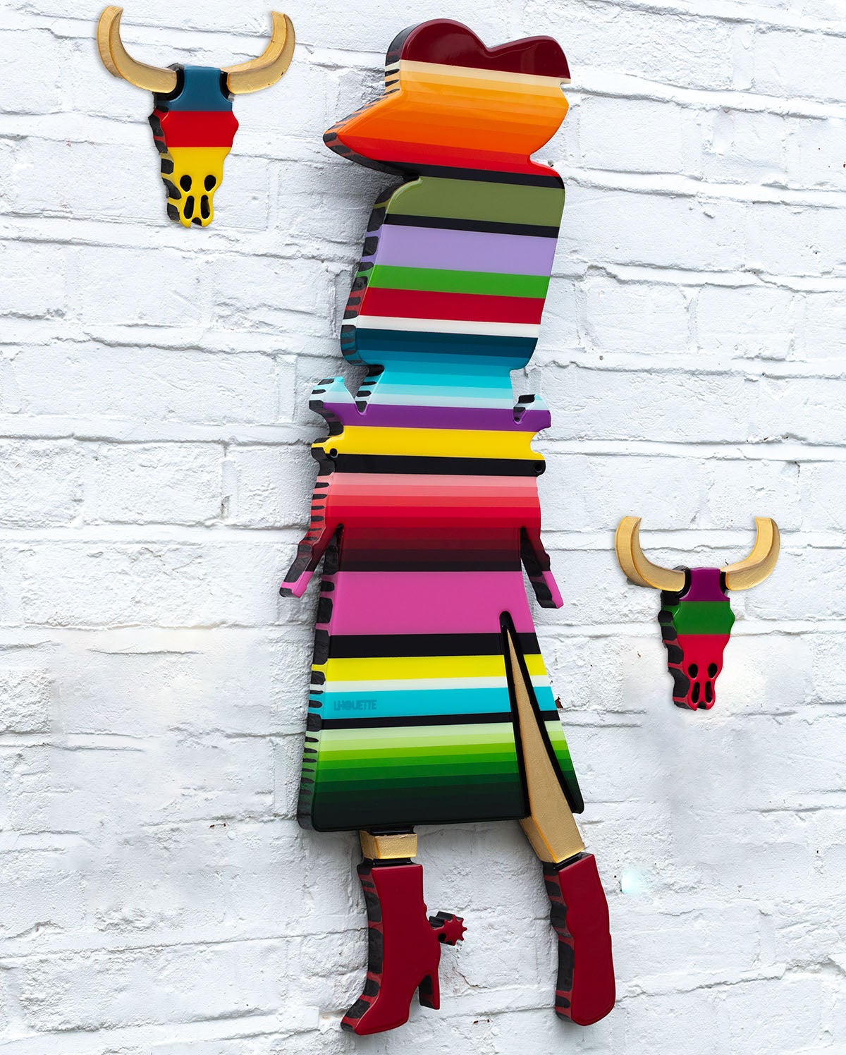 Outlaw Three Part Miniature Wall Sculpture - Rainbow Striped Lhouette Mounted