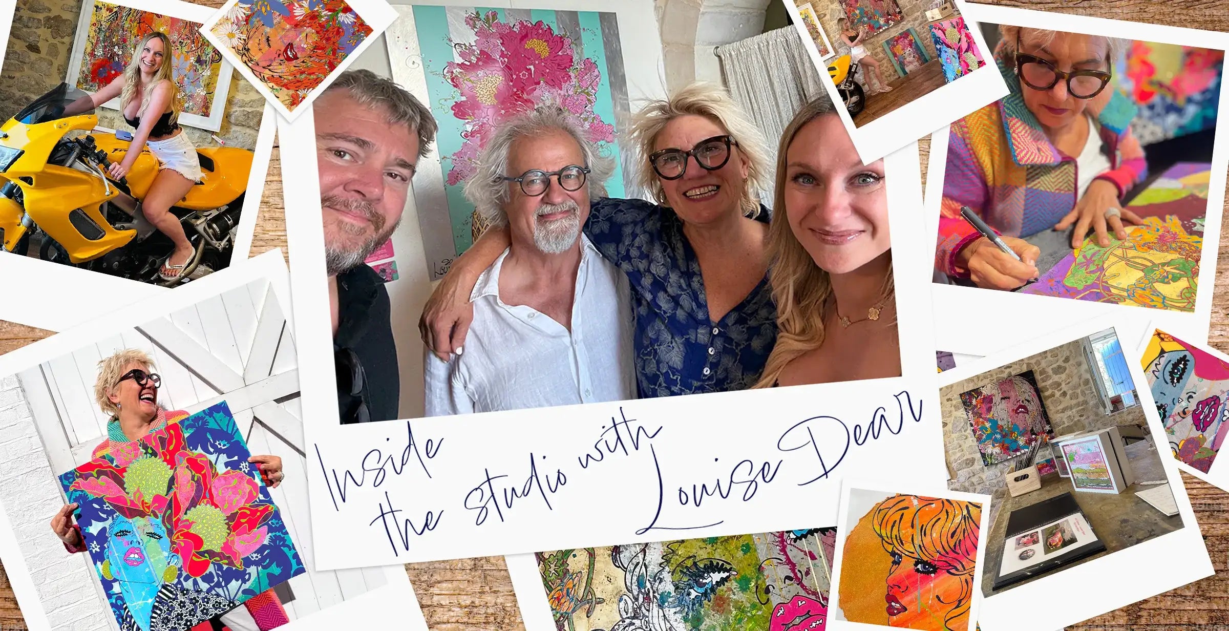 Photo collage of Ben and Katia's visit to artist Louise Dear's studio in France. Inside the studio with Louise Dear