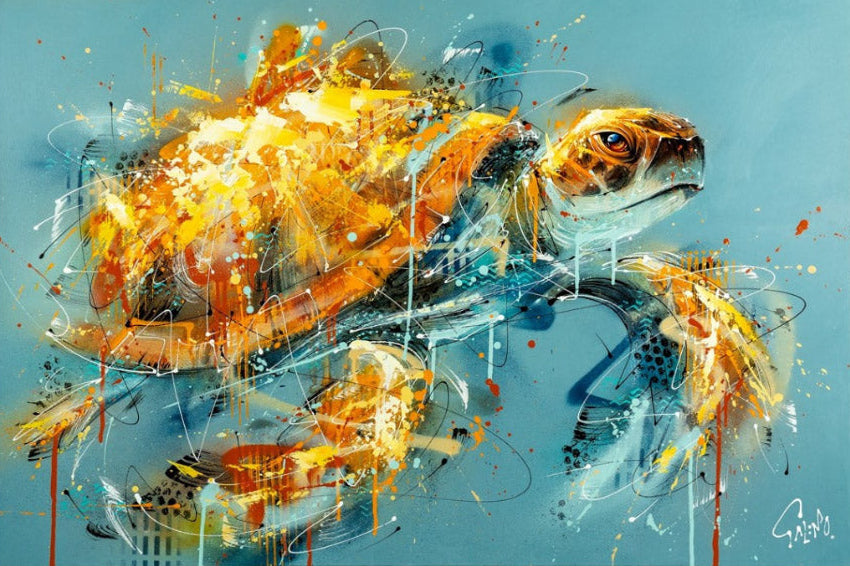 Abstract painting of a turtle with splashes of yellow and orange on a blue background