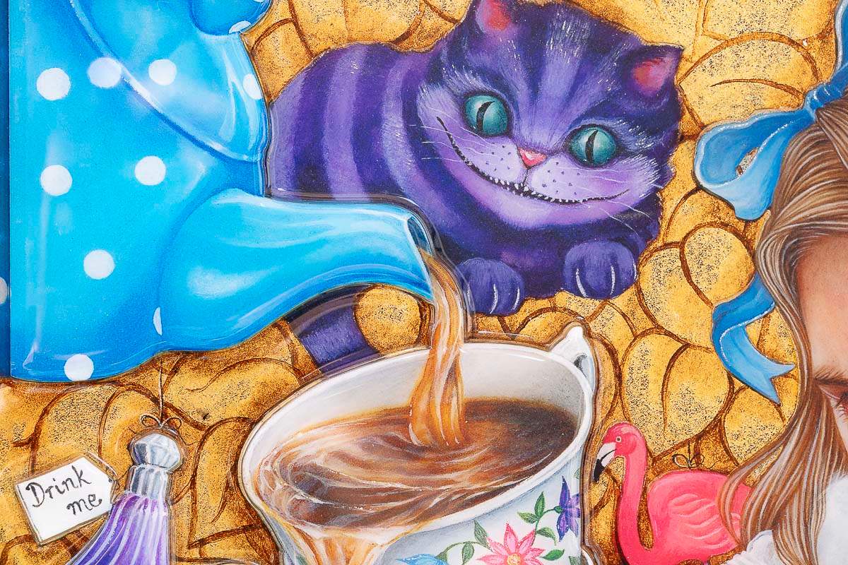 Alice Mad Hatter tea party artwork Cheshire Cat detail