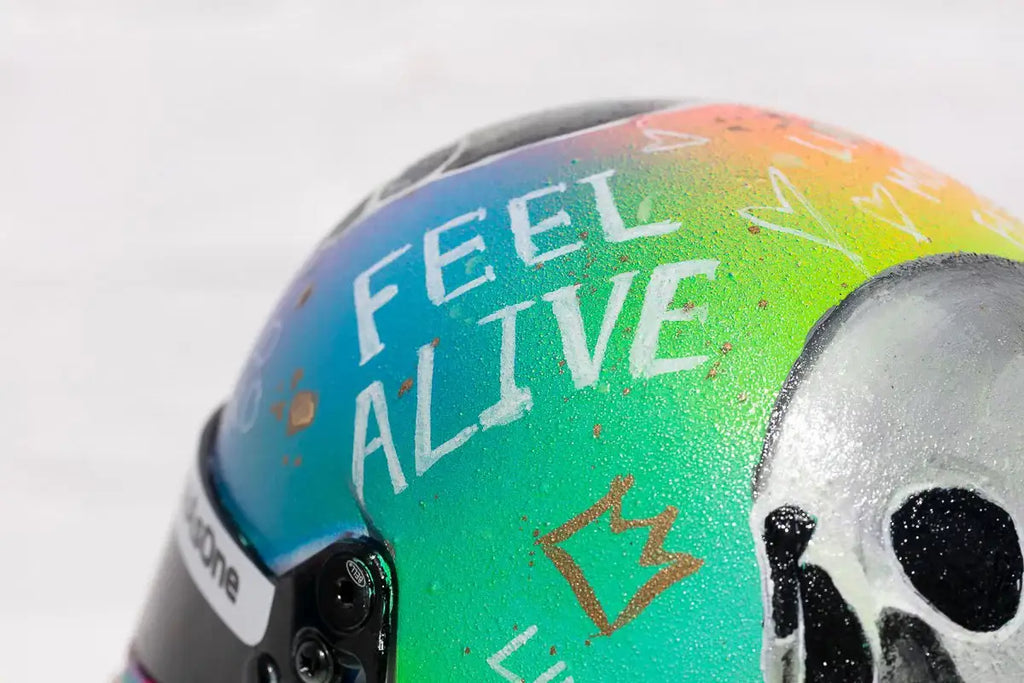 Adrenaline - Original Hand-Painted F1 Helmet - SOLD by artist Becky Smith - Wyecliffe Galleries