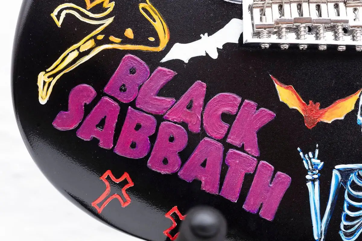 Black Sabbath - Original Hand Painted Guitar by artist Becky Smith - Wyecliffe Galleries