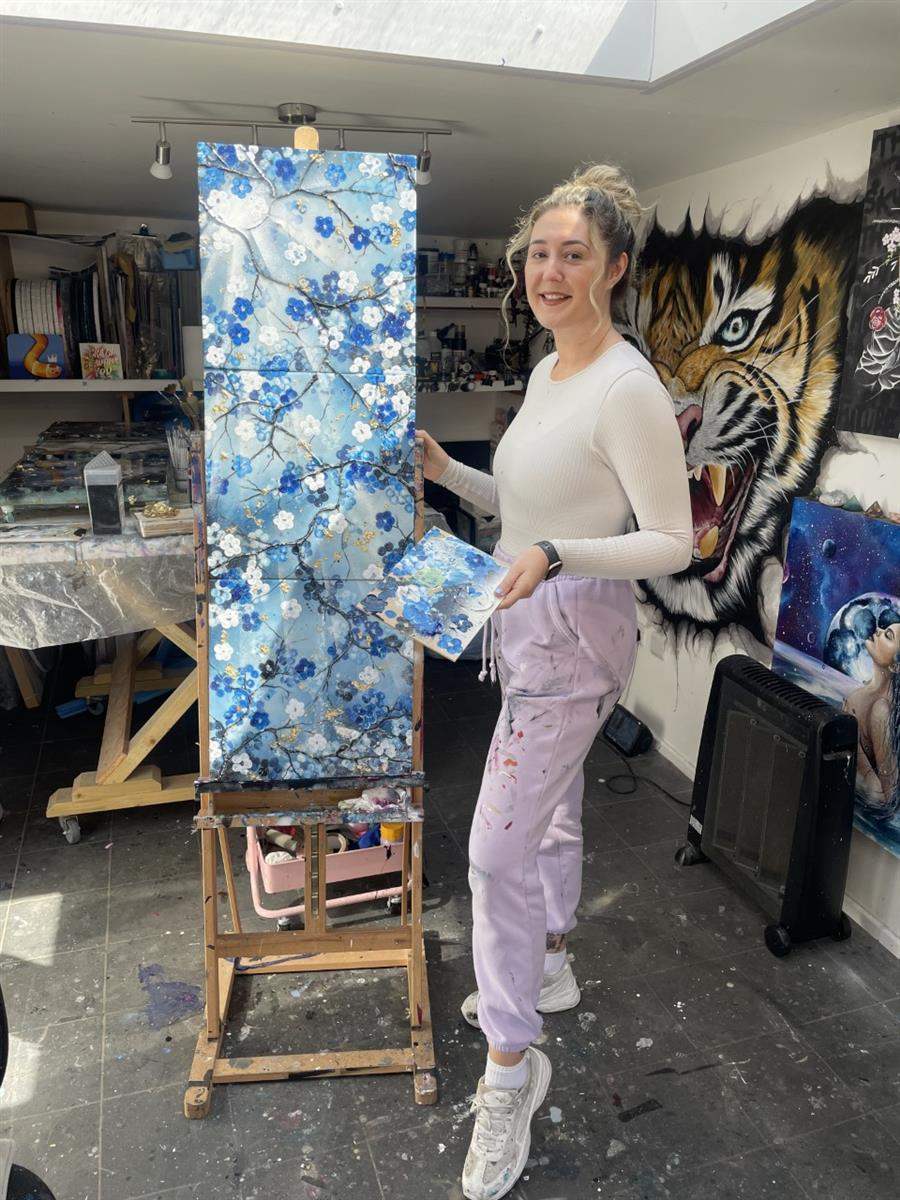 Blossoming Blues Triptych - Original - SOLD by artist Becky Smith - Wyecliffe Galleries