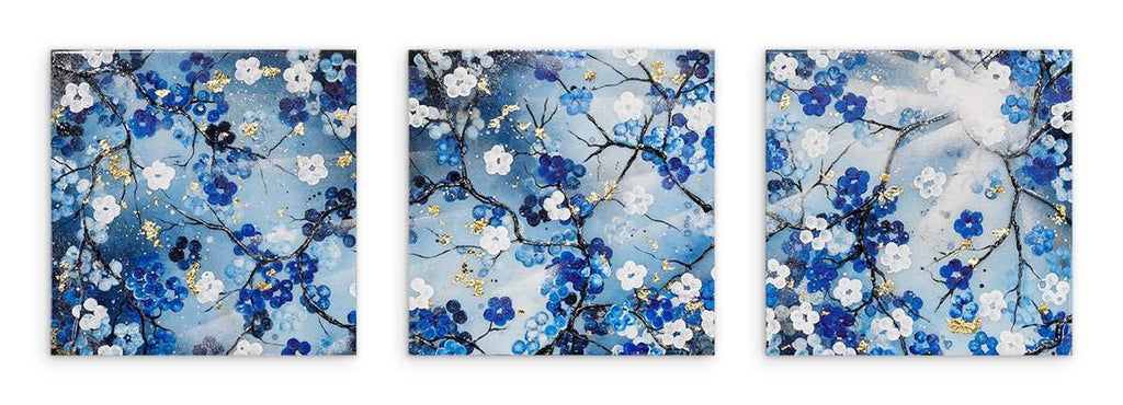 Blossoming Blues Triptych - Original - SOLD by artist Becky Smith - Wyecliffe Galleries