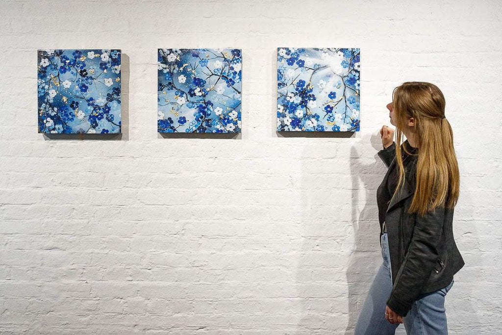 Blossoming Blues Triptych - Original - SOLD by artist Becky Smith - Wyecliffe Galleries