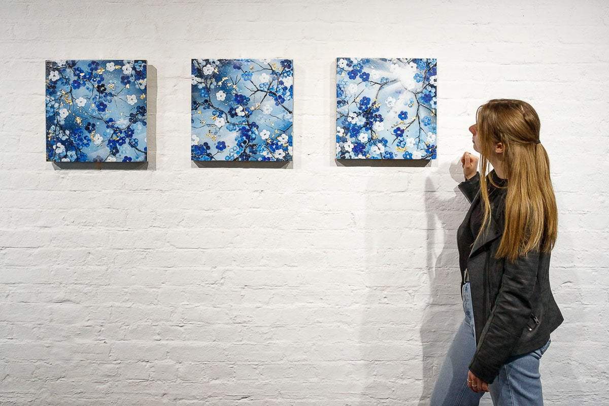 Blossoming Blues Triptych - Original - SOLD by artist Becky Smith - Wyecliffe Galleries
