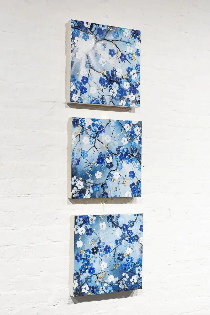 Blossoming Blues Triptych - Original - SOLD by artist Becky Smith - Wyecliffe Galleries