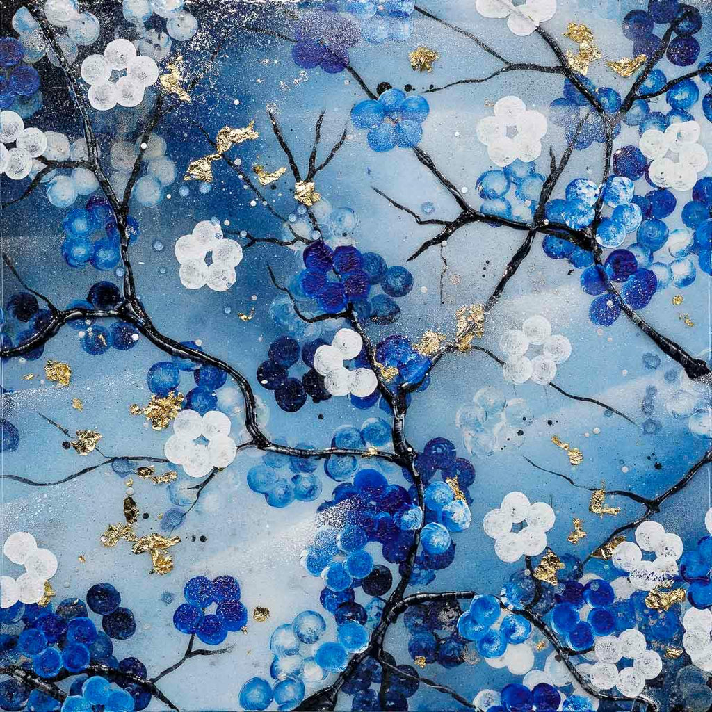 Blossoming Blues Triptych - Original - SOLD by artist Becky Smith - Wyecliffe Galleries