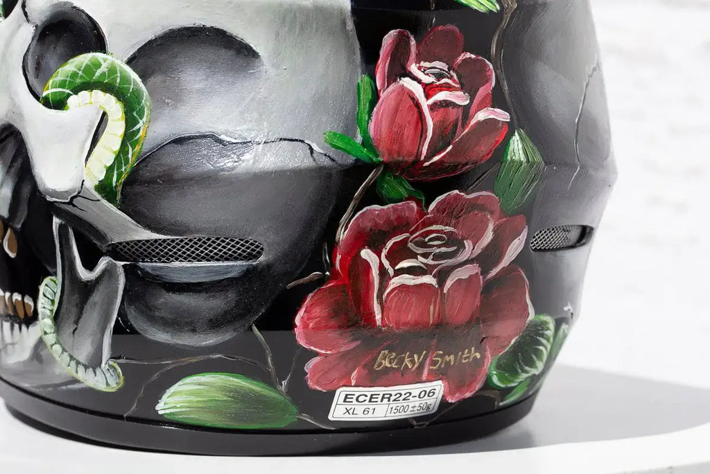 Highway To Hell - Original Hand-Painted Helmet by artist Becky Smith - Wyecliffe Galleries