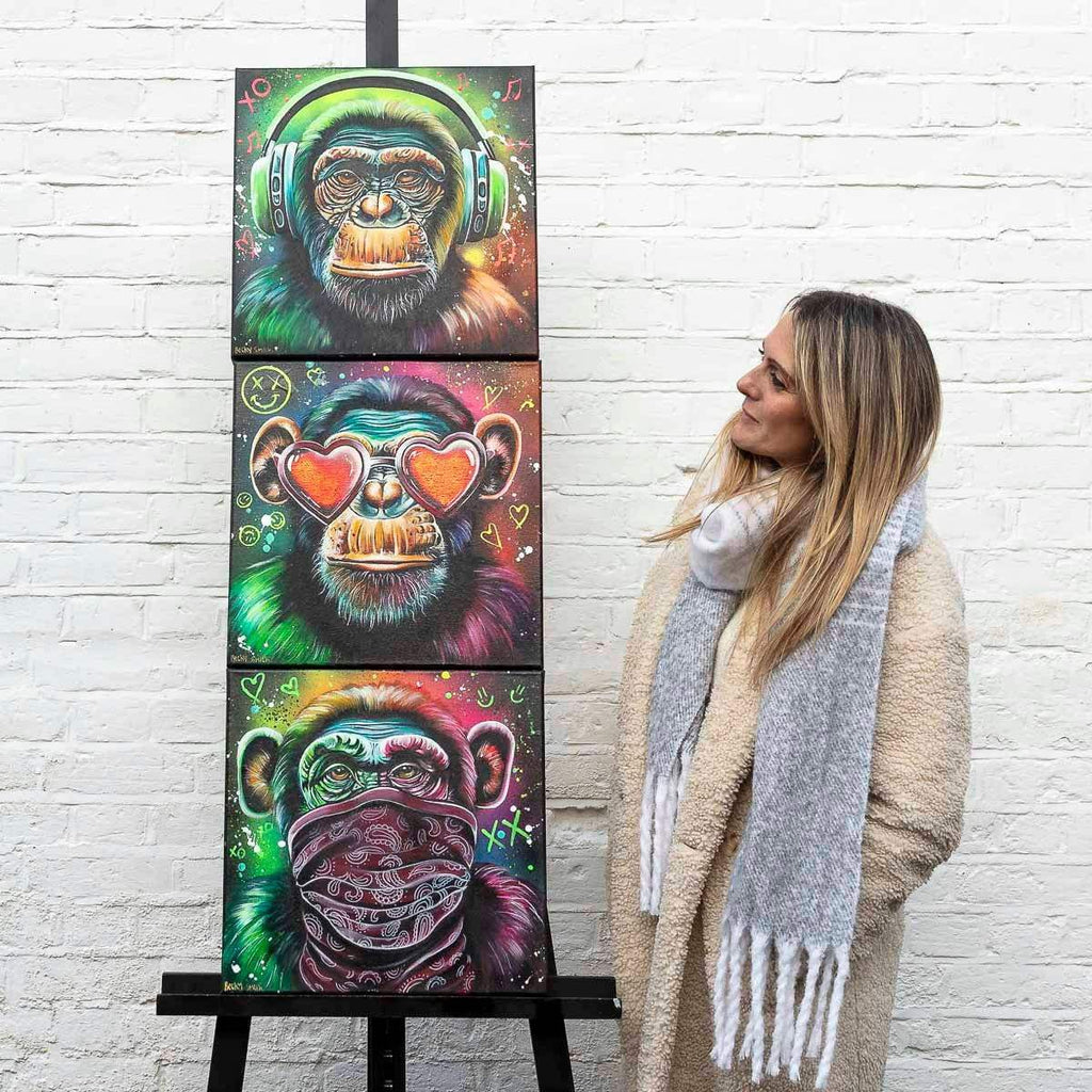 Monkey Hear No Evil, See No Evil, Speak No Evil Triptych - Original - SOLD by artist Becky Smith - Wyecliffe Galleries