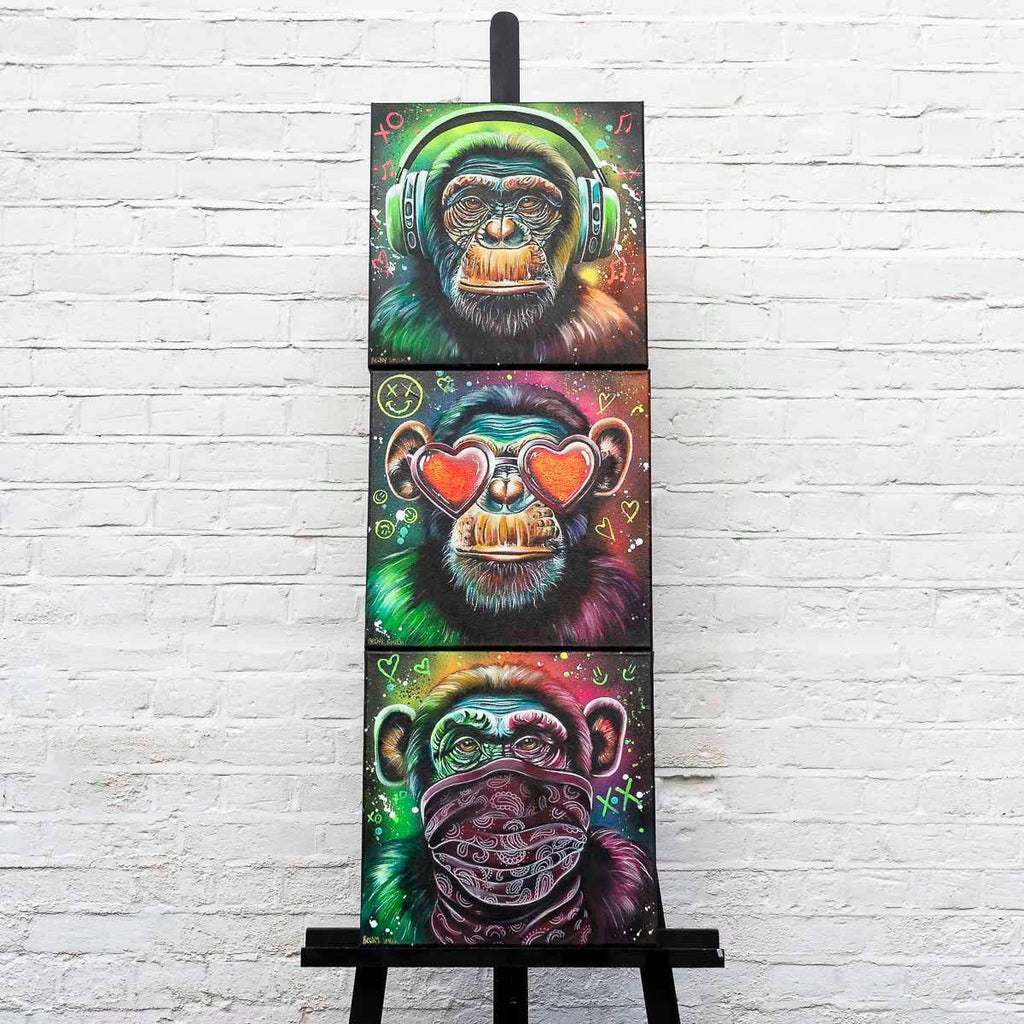 Monkey Hear No Evil, See No Evil, Speak No Evil Triptych - Original - SOLD by artist Becky Smith - Wyecliffe Galleries