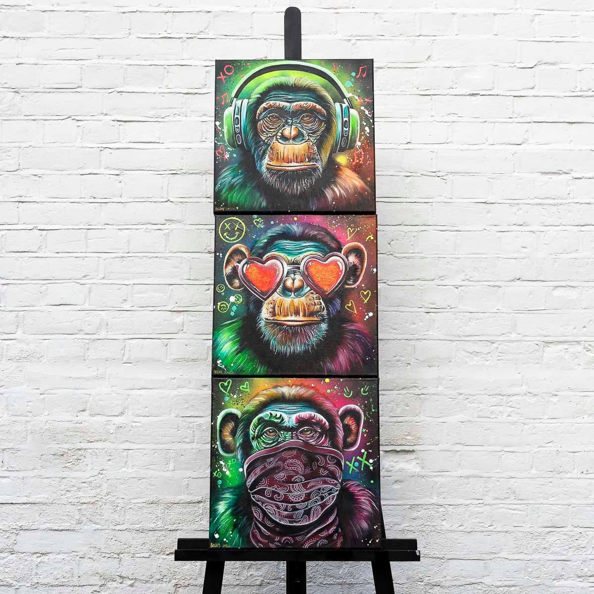 Monkey Hear No Evil, See No Evil, Speak No Evil Triptych - Original - SOLD Becky Smith Original