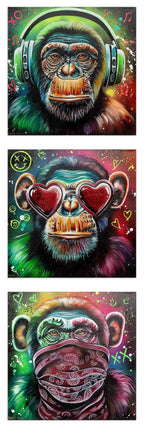 Monkey Hear No Evil, See No Evil, Speak No Evil Triptych - Original - SOLD by artist Becky Smith - Wyecliffe Galleries