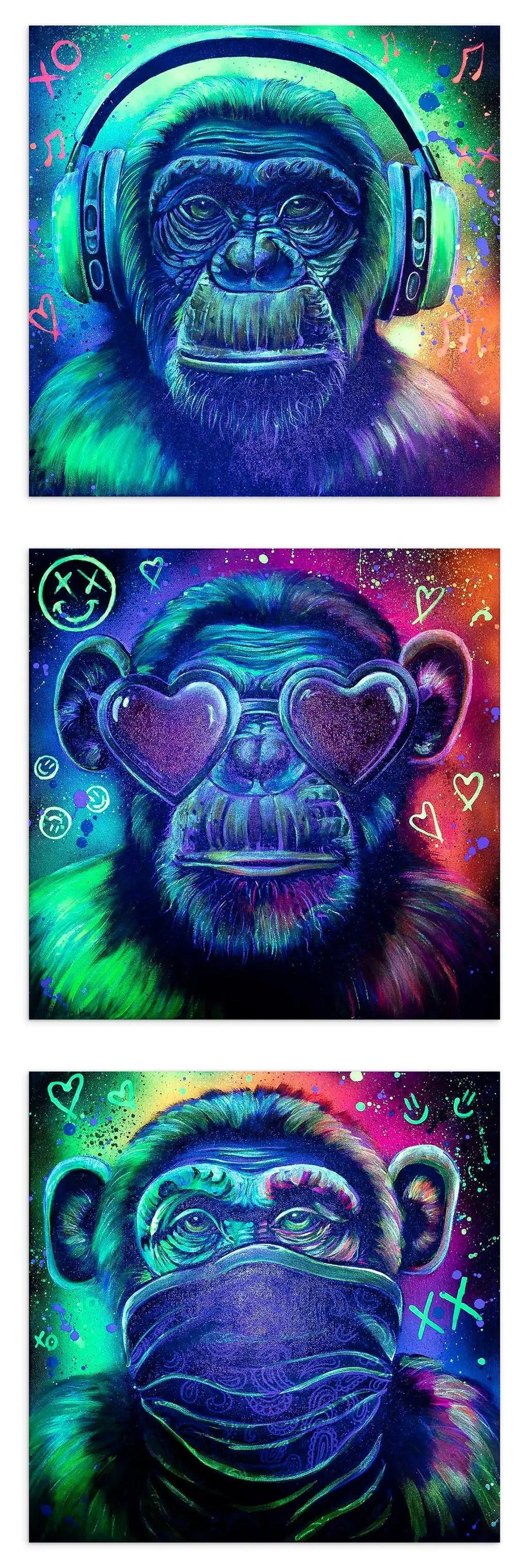 Monkey Hear No Evil, See No Evil, Speak No Evil Triptych - Original - SOLD by artist Becky Smith - Wyecliffe Galleries