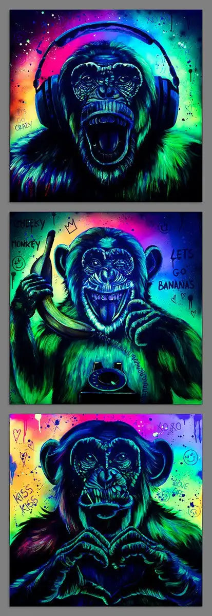 Monkey Madness Triptych - Deluxe Edition Matching SET by artist Becky Smith - Wyecliffe Galleries