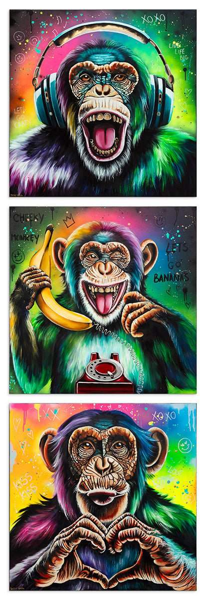 Monkey Madness Triptych - Deluxe Edition Matching SET by artist Becky Smith - Wyecliffe Galleries