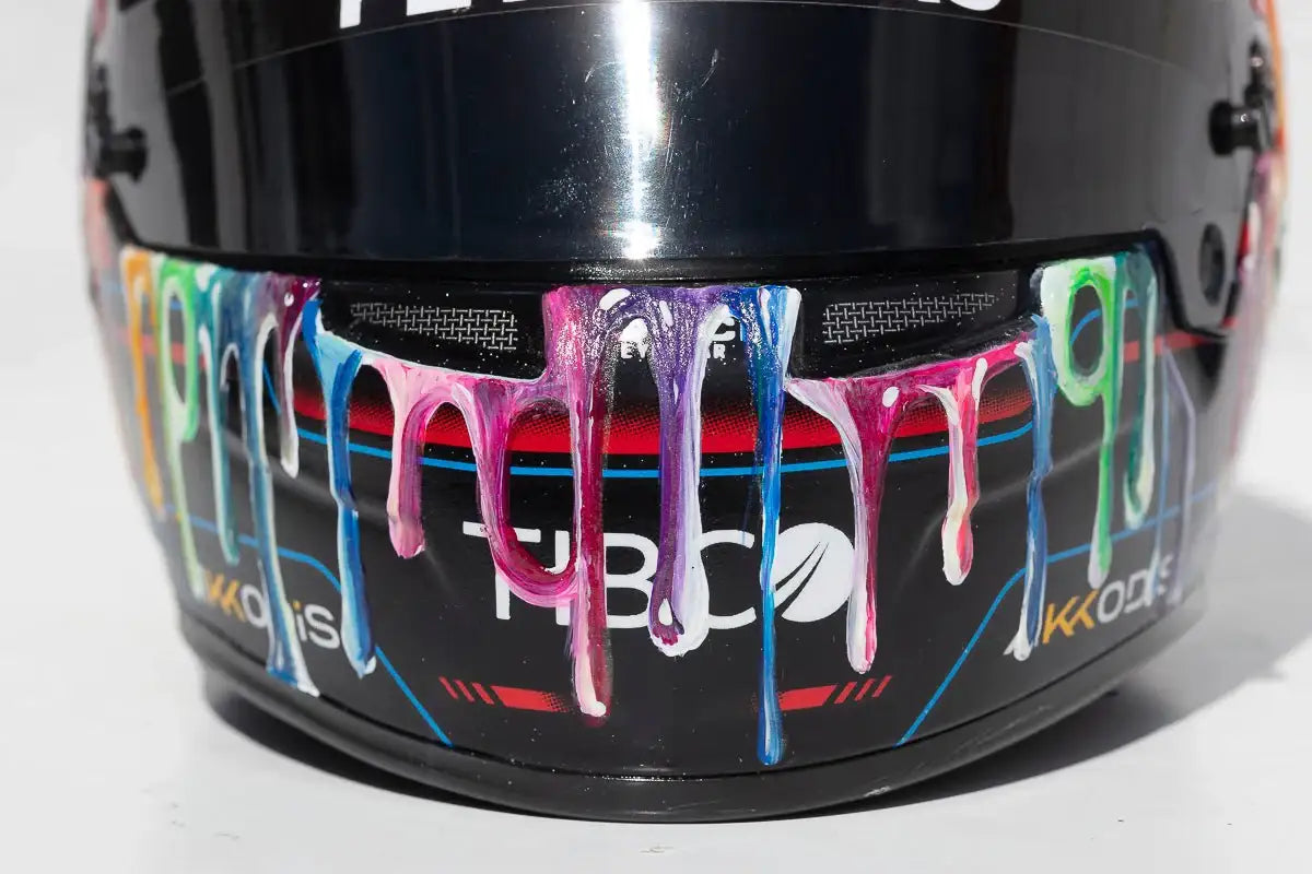 Thrill Seeker - Original Hand-Painted F1 Helmet - SOLD by artist Becky Smith - Wyecliffe Galleries