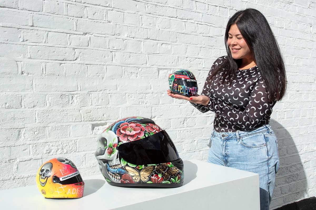 Thrill Seeker - Original Hand-Painted F1 Helmet - SOLD by artist Becky Smith - Wyecliffe Galleries