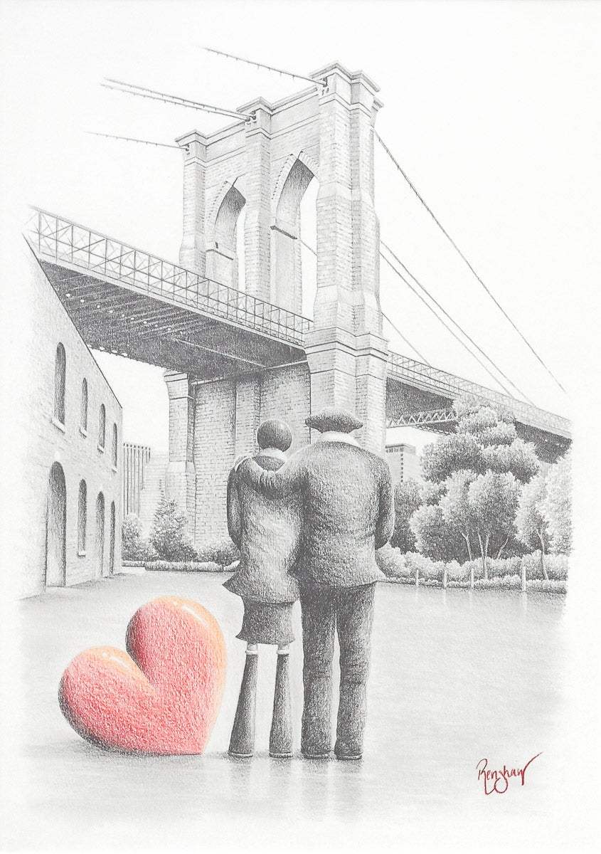 Brooklyn Bridge Sweethearts - Original Sketch - SOLD by artist David Renshaw - Wyecliffe Galleries