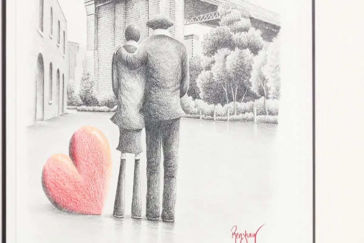 Brooklyn Bridge Sweethearts - Original Sketch - SOLD by artist David Renshaw - Wyecliffe Galleries
