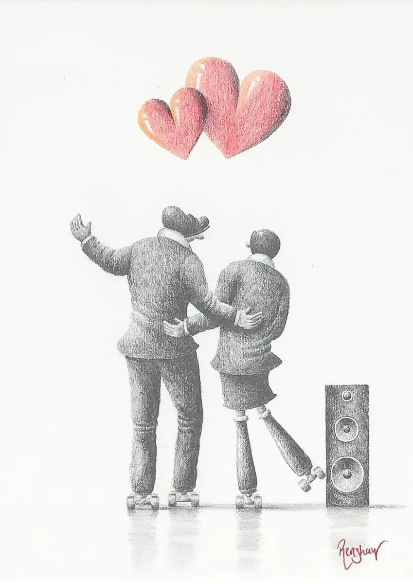Skating Sweethearts - Original Sketch - SOLD by artist David Renshaw - Wyecliffe Galleries