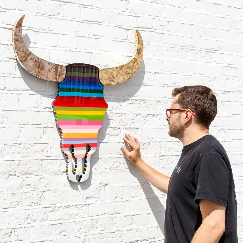 Sexy Beast - Striped with Metallic Horns Wall Sculpture - Original - SOLD by artist Lhouette - Wyecliffe Galleries