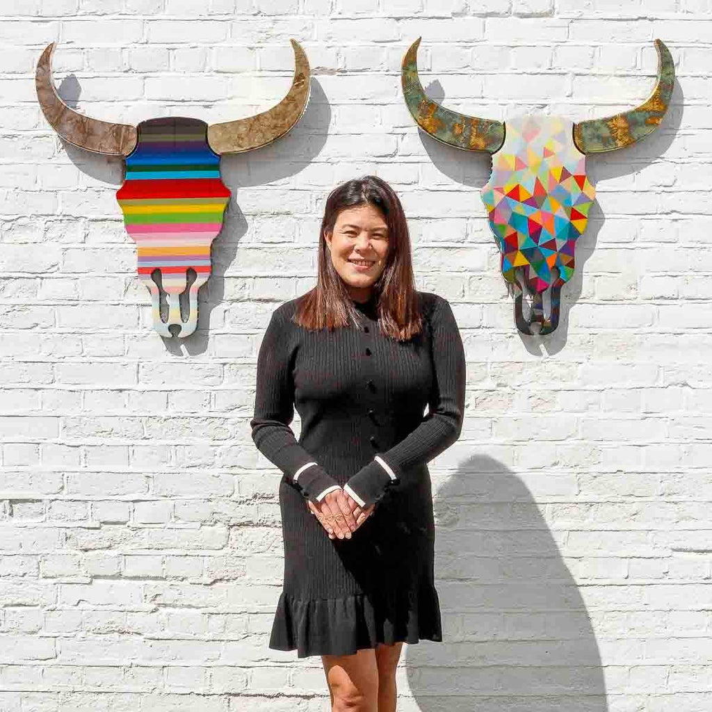 Sexy Beast - Striped with Metallic Horns Wall Sculpture - Original - SOLD by artist Lhouette - Wyecliffe Galleries