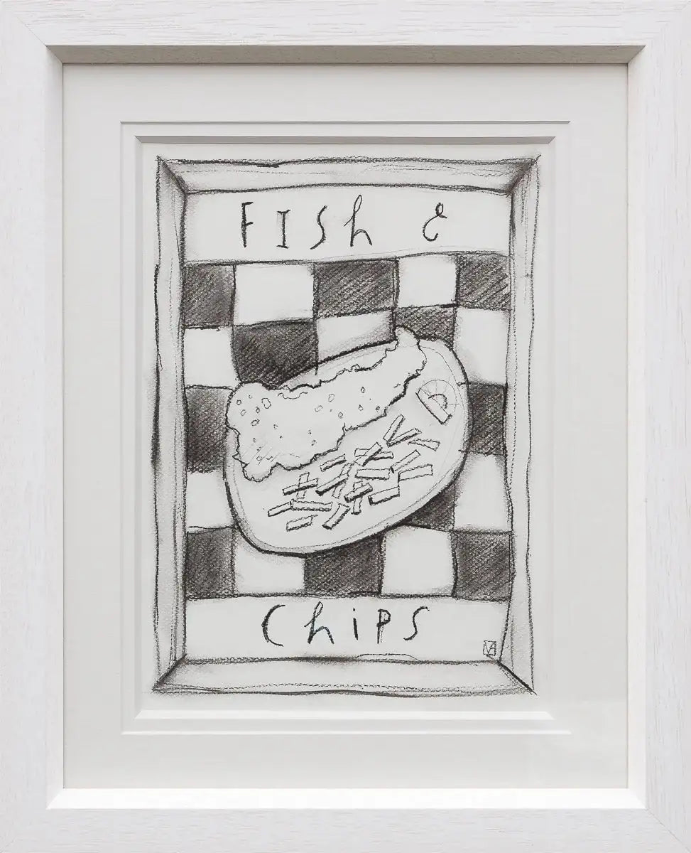 Fish and Chips - Charcoal Study - Original by artist Michael Abrams - Wyecliffe Galleries