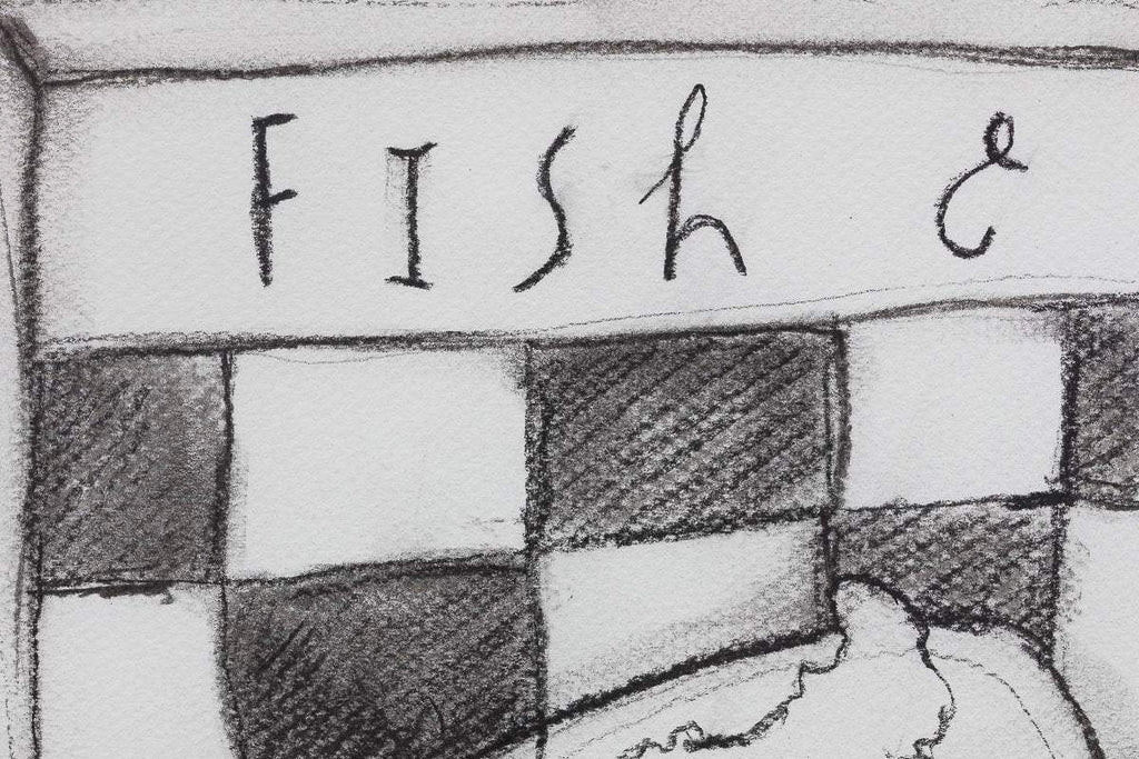 Fish and Chips - Charcoal Study - Original by artist Michael Abrams - Wyecliffe Galleries