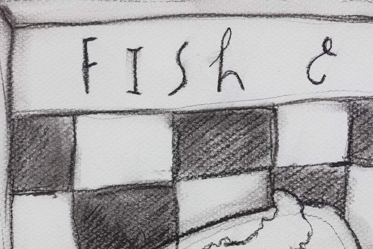 Fish and Chips - Charcoal Study - Original by artist Michael Abrams - Wyecliffe Galleries