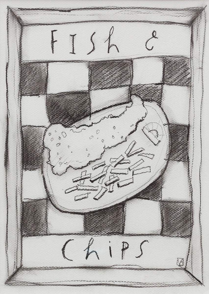 Fish and Chips - Charcoal Study - Original by artist Michael Abrams - Wyecliffe Galleries