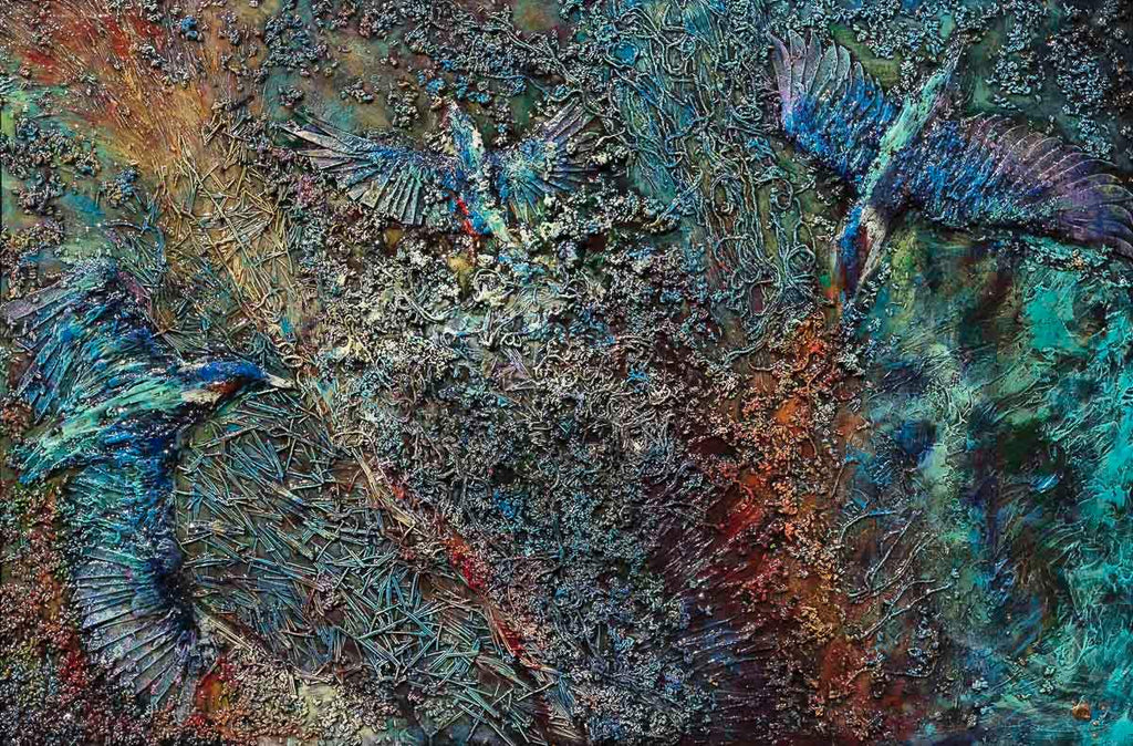 Kingfishers In Flight - Original - SOLD by artist Peter Wood - Wyecliffe Galleries