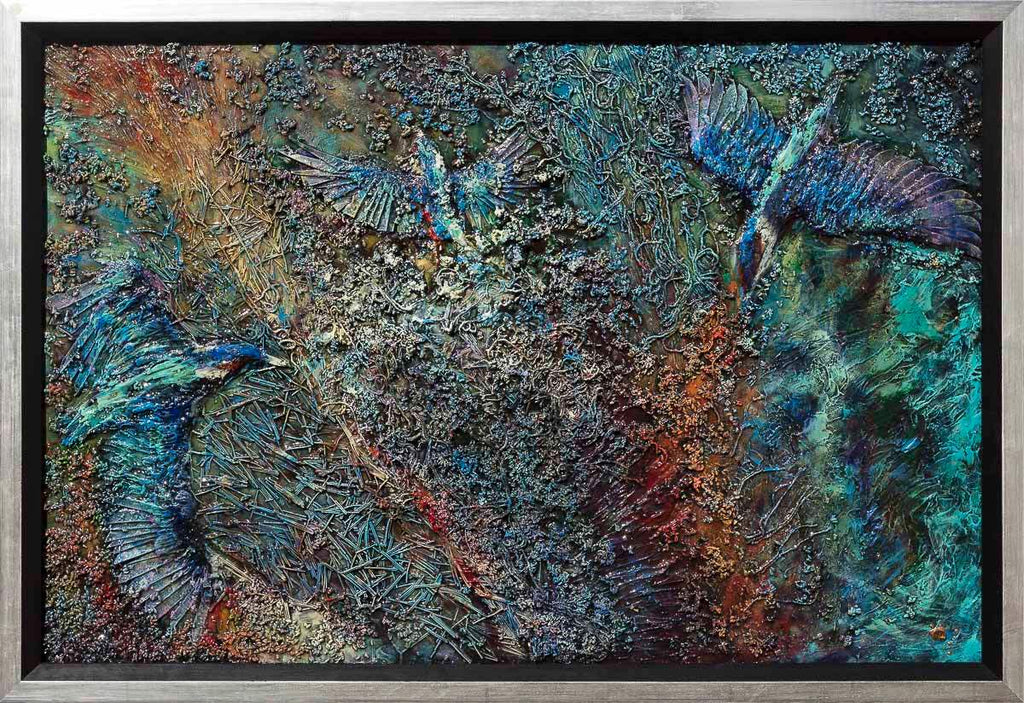 Kingfishers In Flight - Original - SOLD by artist Peter Wood - Wyecliffe Galleries