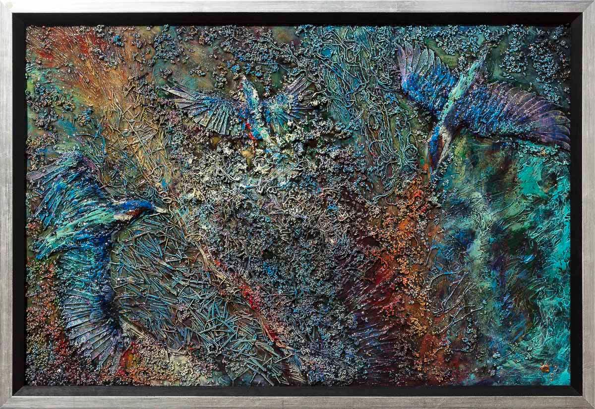 Kingfishers In Flight - Original - SOLD by artist Peter Wood - Wyecliffe Galleries