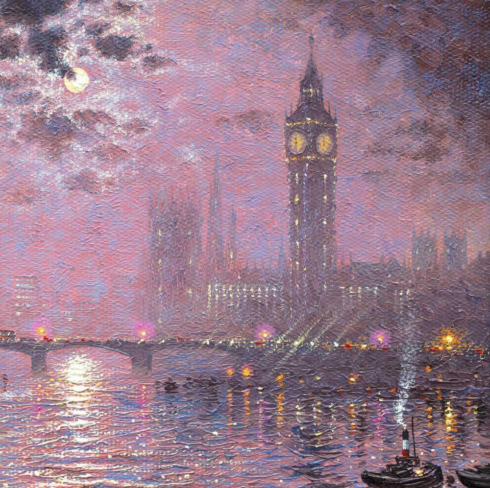 Moonlight Sparkle over Westminster - Original - SOLD by artist Andrew Grant Kurtis - Wyecliffe Galleries