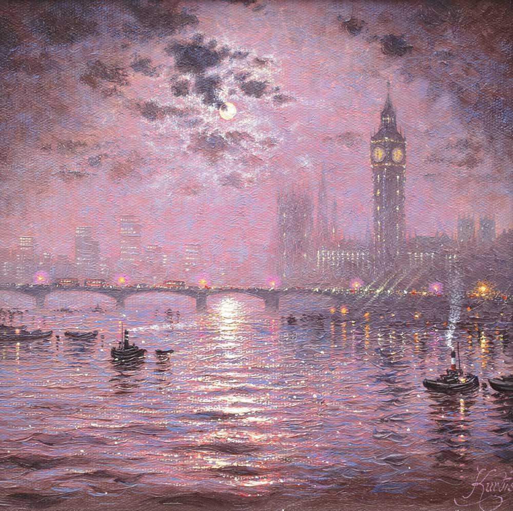 Moonlight Sparkle over Westminster - Original - SOLD by artist Andrew Grant Kurtis - Wyecliffe Galleries