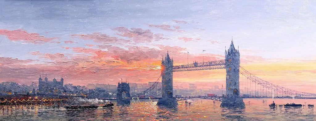 Sunshine Sparkle Across Tower Bridge - SOLD by artist Andrew Grant Kurtis - Wyecliffe Galleries