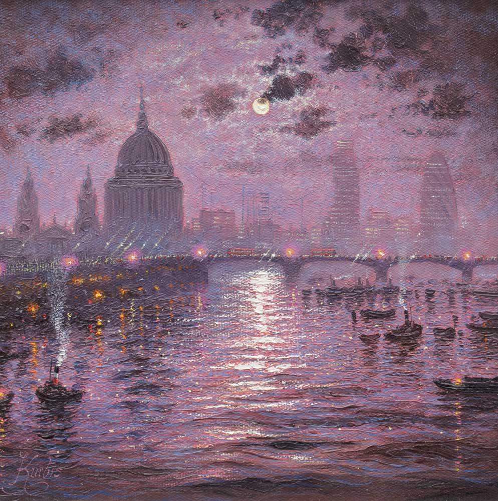The Thames Sparkles At Night - Original - SOLD by artist Andrew Grant Kurtis - Wyecliffe Galleries