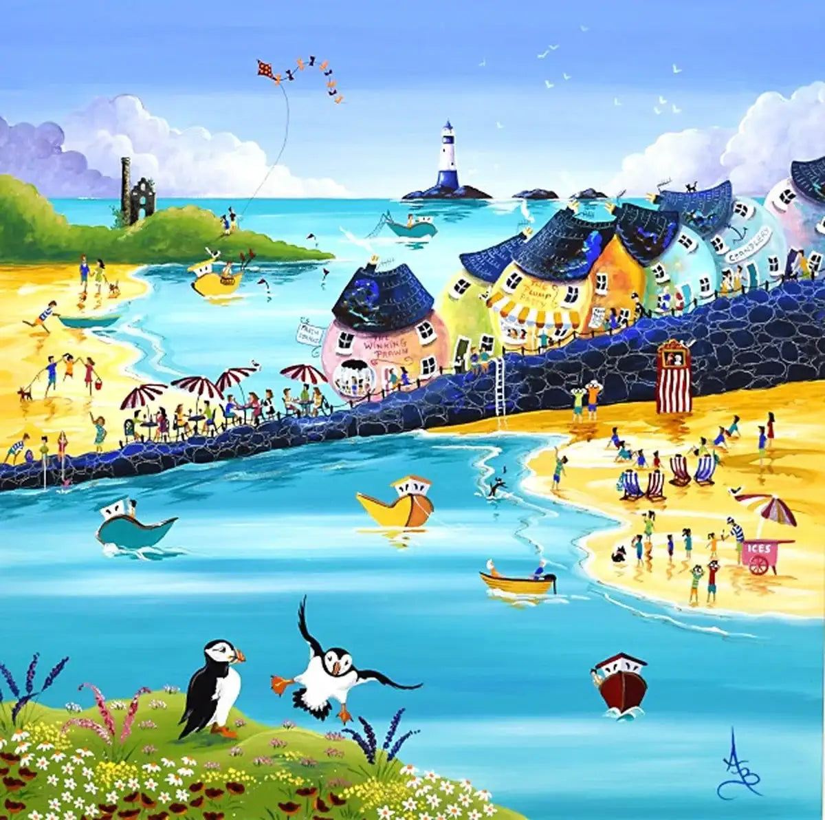 Puffins, Pasties & Puppets - SOLD by artist Anne Blundell - Wyecliffe Galleries