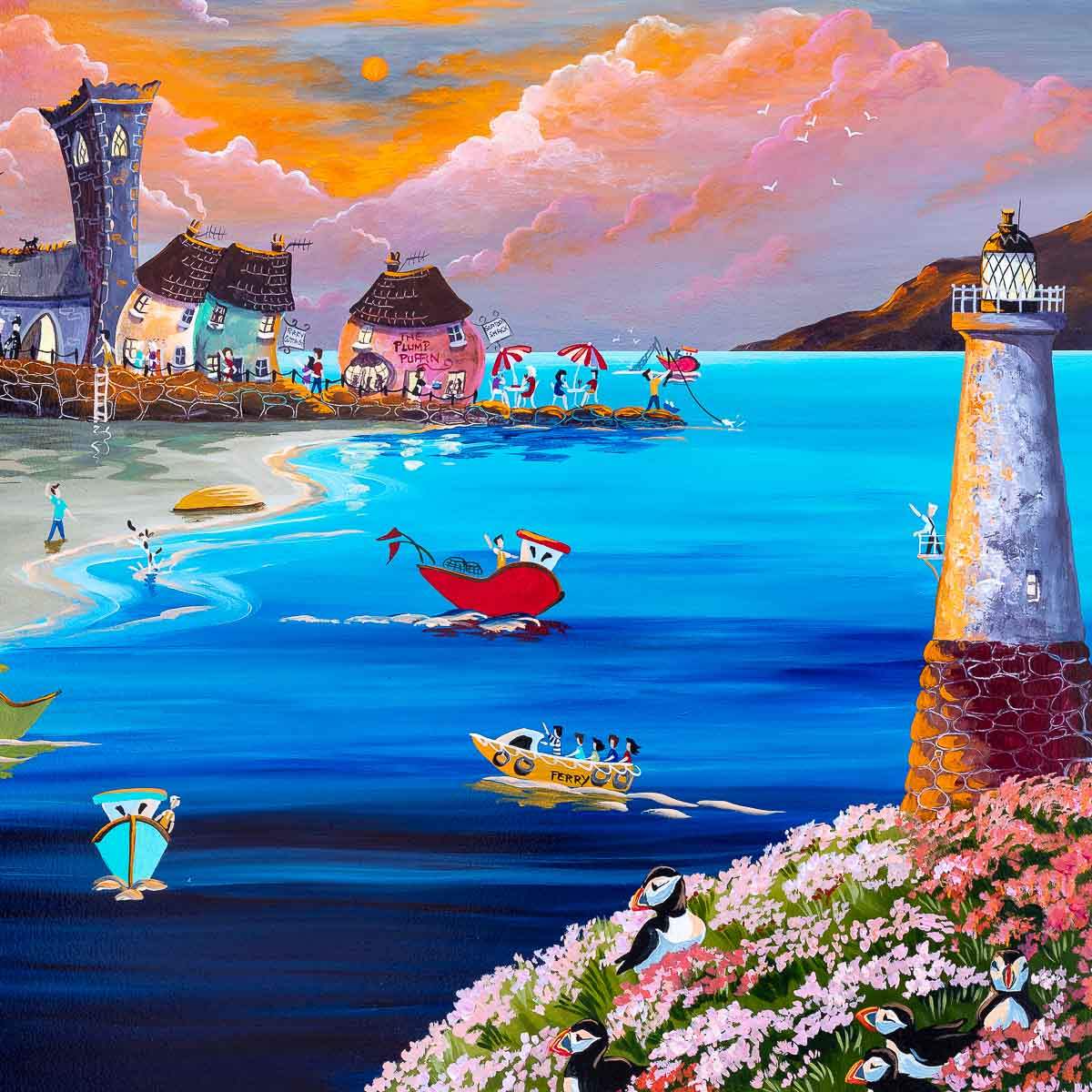 Sunset Puffins - Original SOLD by artist Anne Blundell - Wyecliffe Galleries