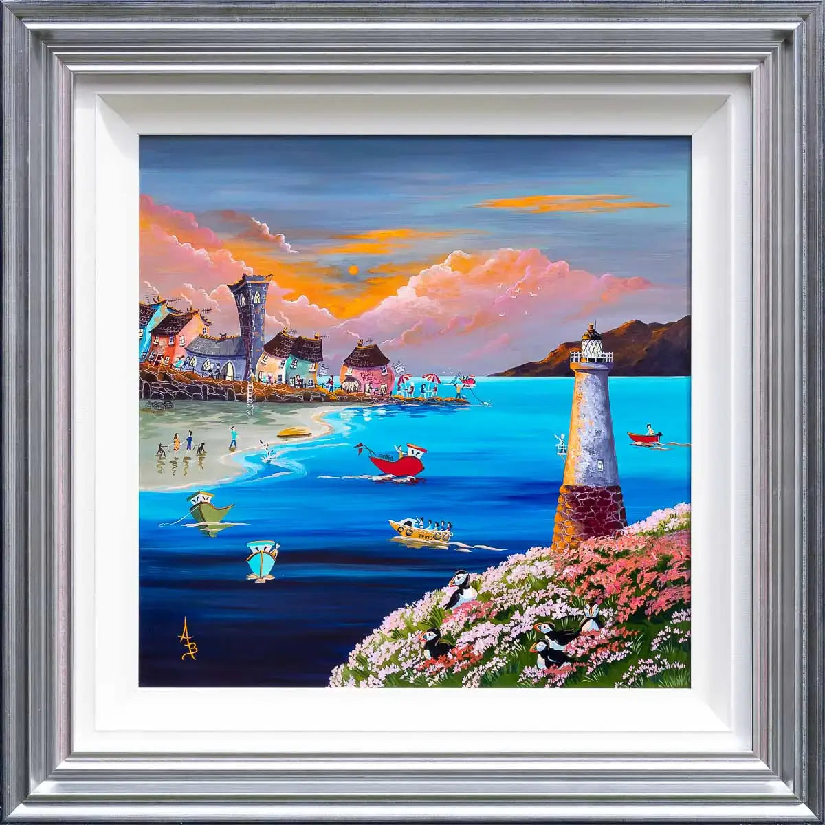 Sunset Puffins - Original SOLD by artist Anne Blundell - Wyecliffe Galleries