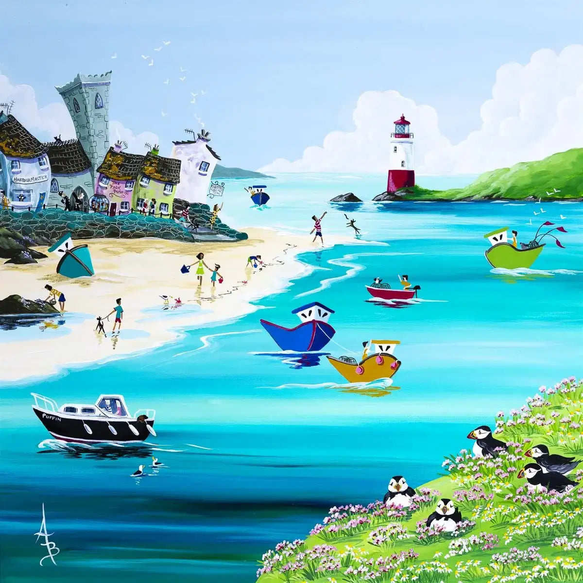 Thrifty Puffins - Original - SOLD by artist Anne Blundell - Wyecliffe Galleries