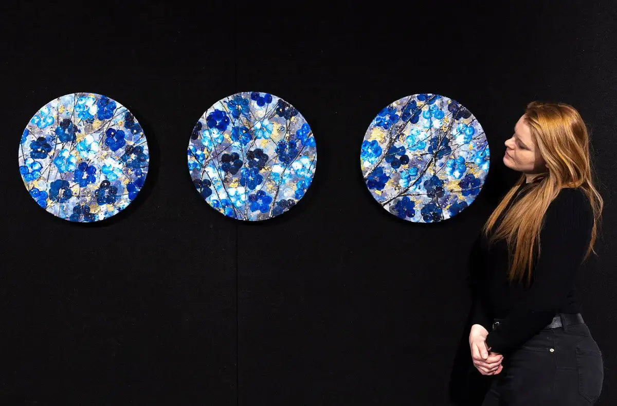 Blue Blossom - Triptych - Original - SOLD by artist Becky Smith - Wyecliffe Galleries