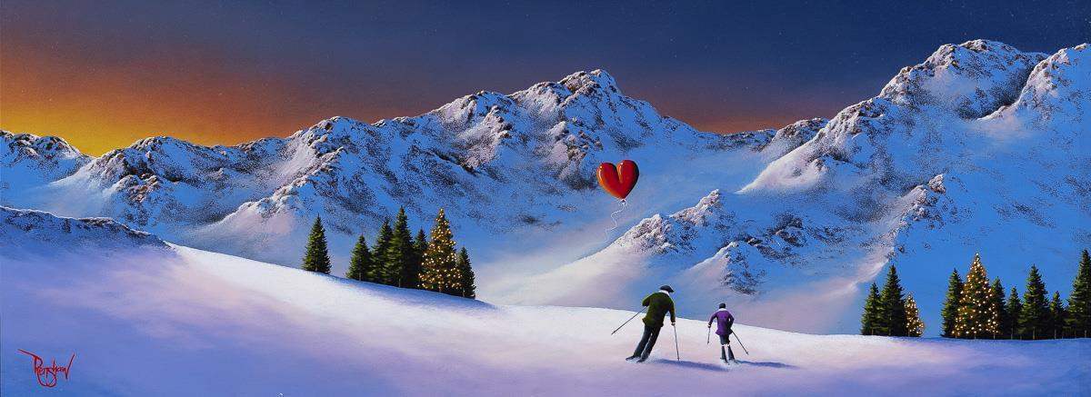 Skiing at Sunset - Original - SOLD by artist David Renshaw - Wyecliffe Galleries