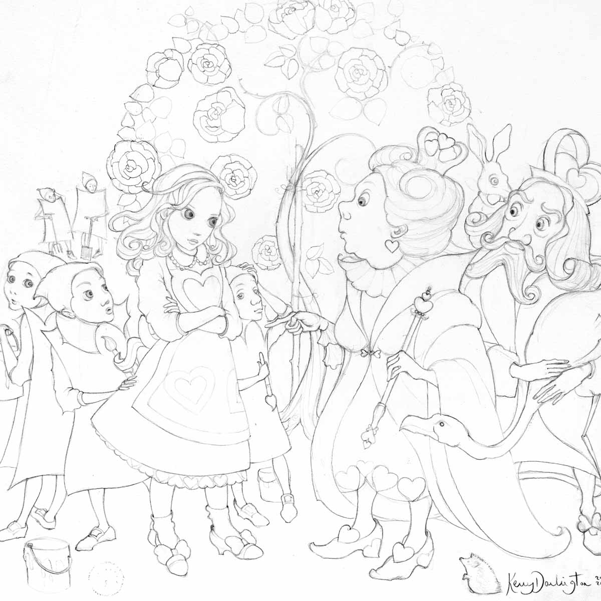 Alice in the Rose Garden - Sketch - SOLD KD Rose Garden Framed