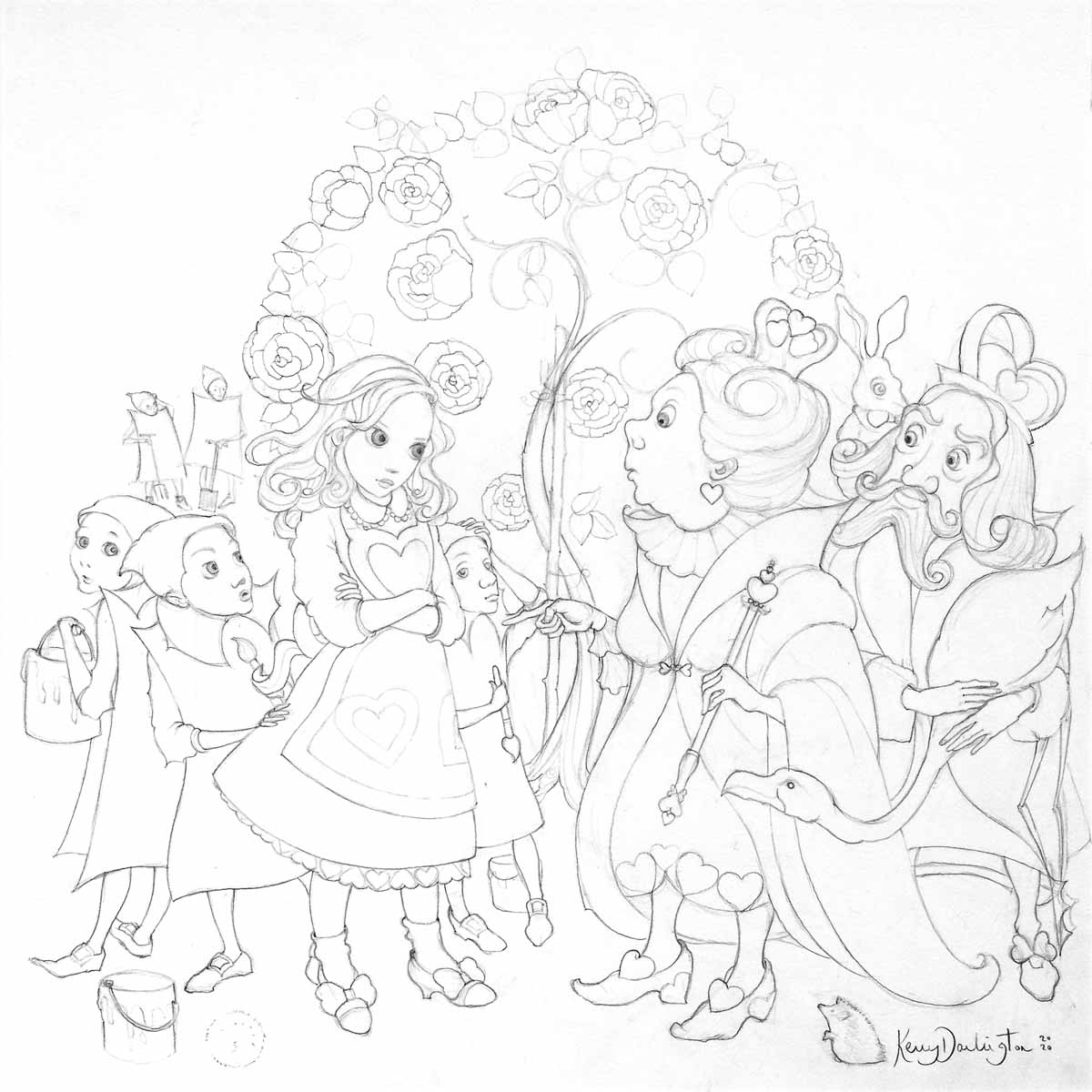 Alice in the Rose Garden - Sketch - SOLD KD Rose Garden Framed