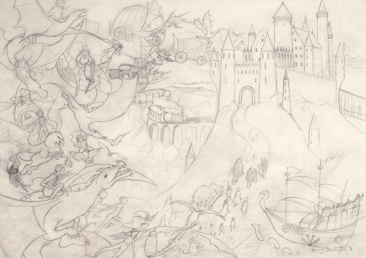 Flight of the Dragons - SKETCH - SOLD by artist Kerry Darlington - Wyecliffe Galleries