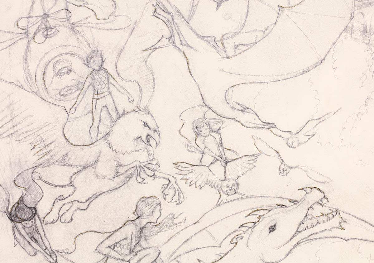 Flight of the Dragons - SKETCH - SOLD by artist Kerry Darlington - Wyecliffe Galleries
