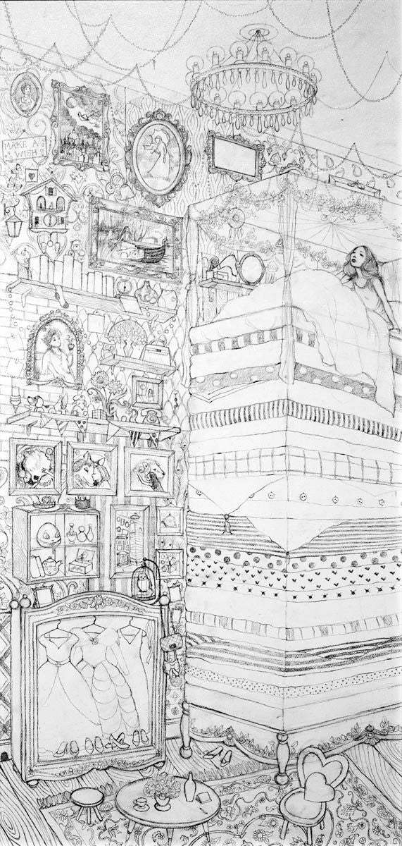 Princess and the Pea - Sketch - SOLD by artist Kerry Darlington - Wyecliffe Galleries