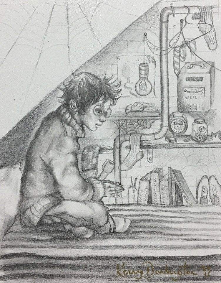 The Boy who lived Under the stairs - Original - SOLD by artist Kerry Darlington - Wyecliffe Galleries